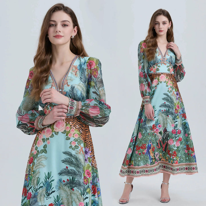 V Neck Floral Print Maxi Dress