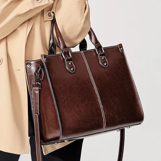Vintage Contrast Stitch Leather Satchel