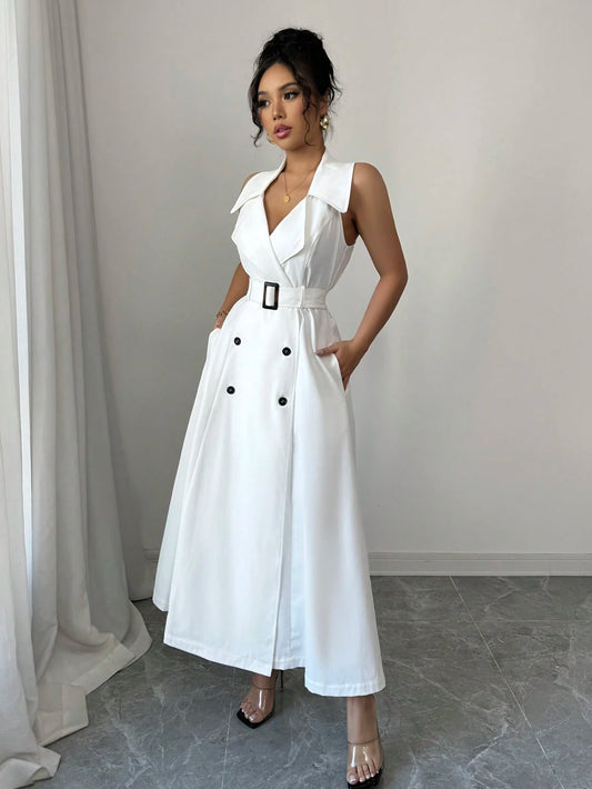 White Sleeveless Belted Midi Dress