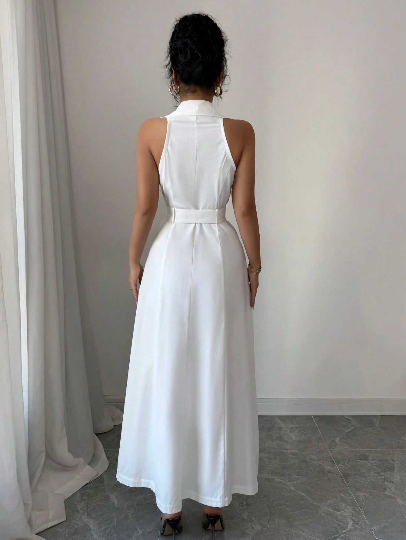 White Sleeveless Belted Midi Dress