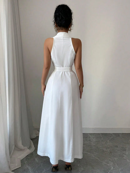 White Sleeveless Belted Midi Dress