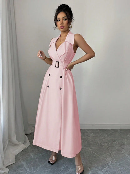 White Sleeveless Belted Midi Dress