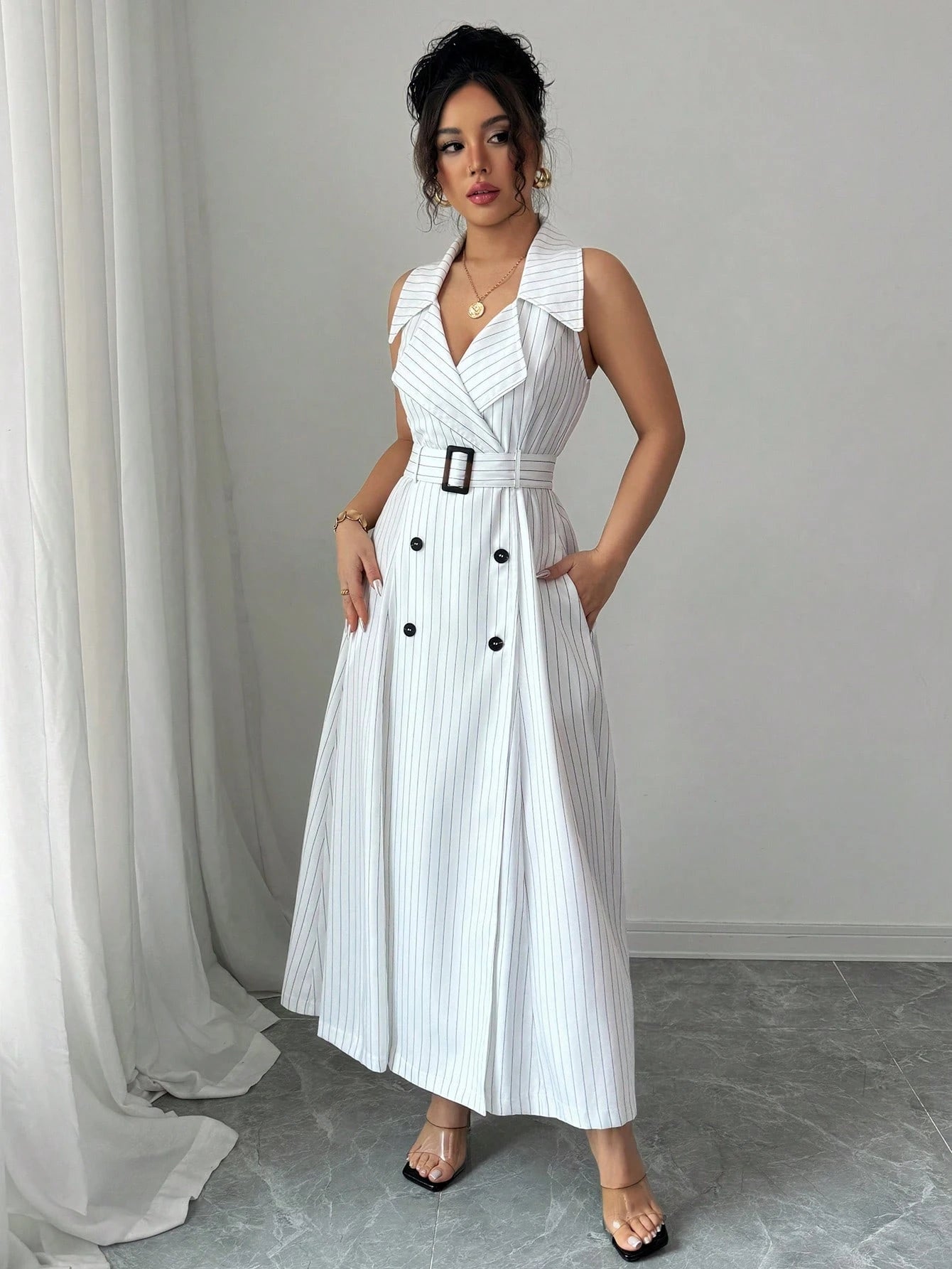 White Sleeveless Belted Midi Dress