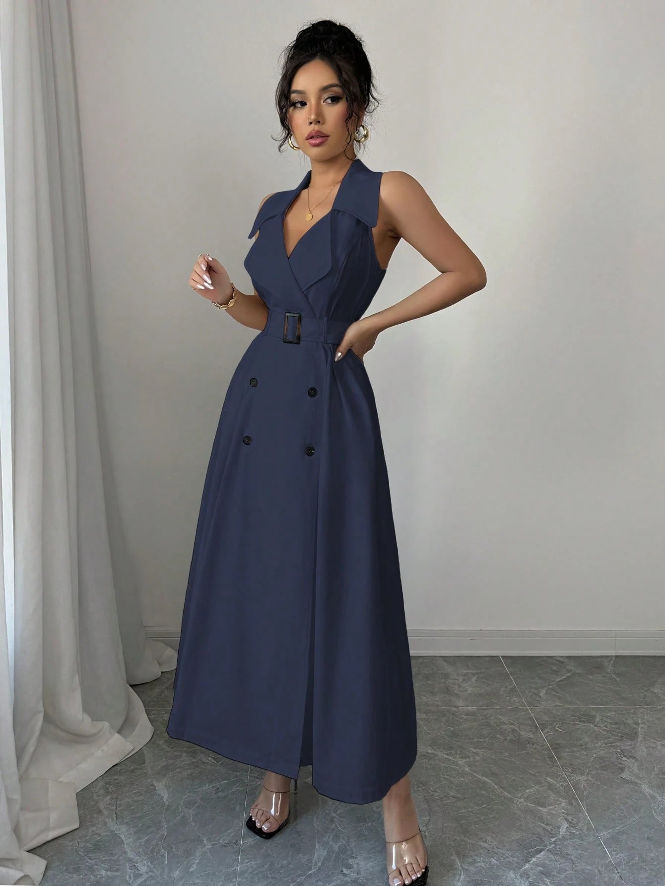 White Sleeveless Belted Midi Dress