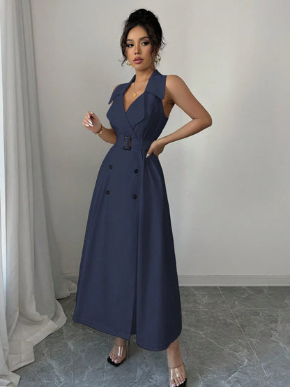White Sleeveless Belted Midi Dress