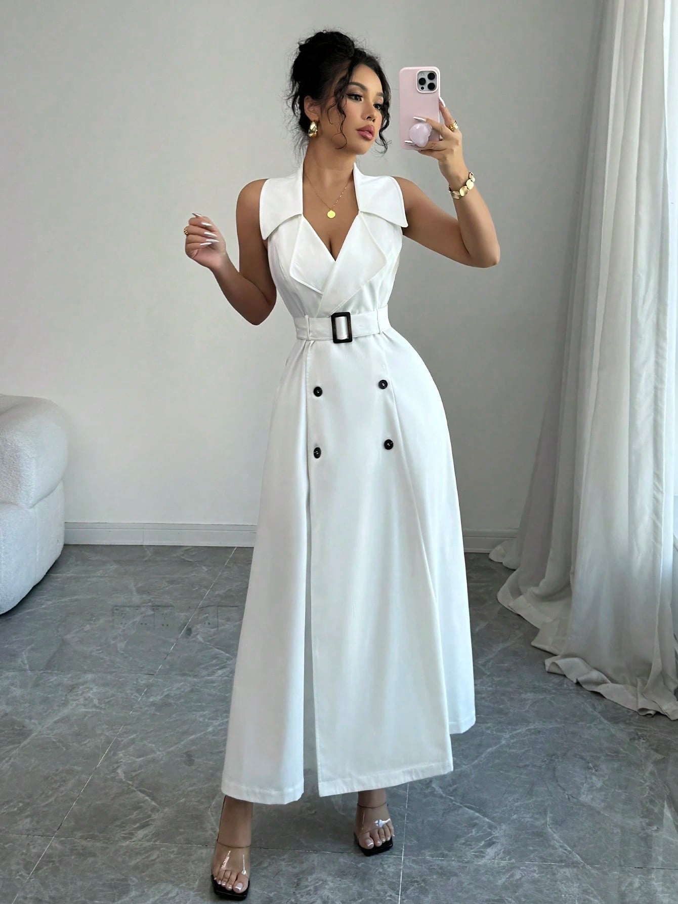 White Sleeveless Belted Midi Dress