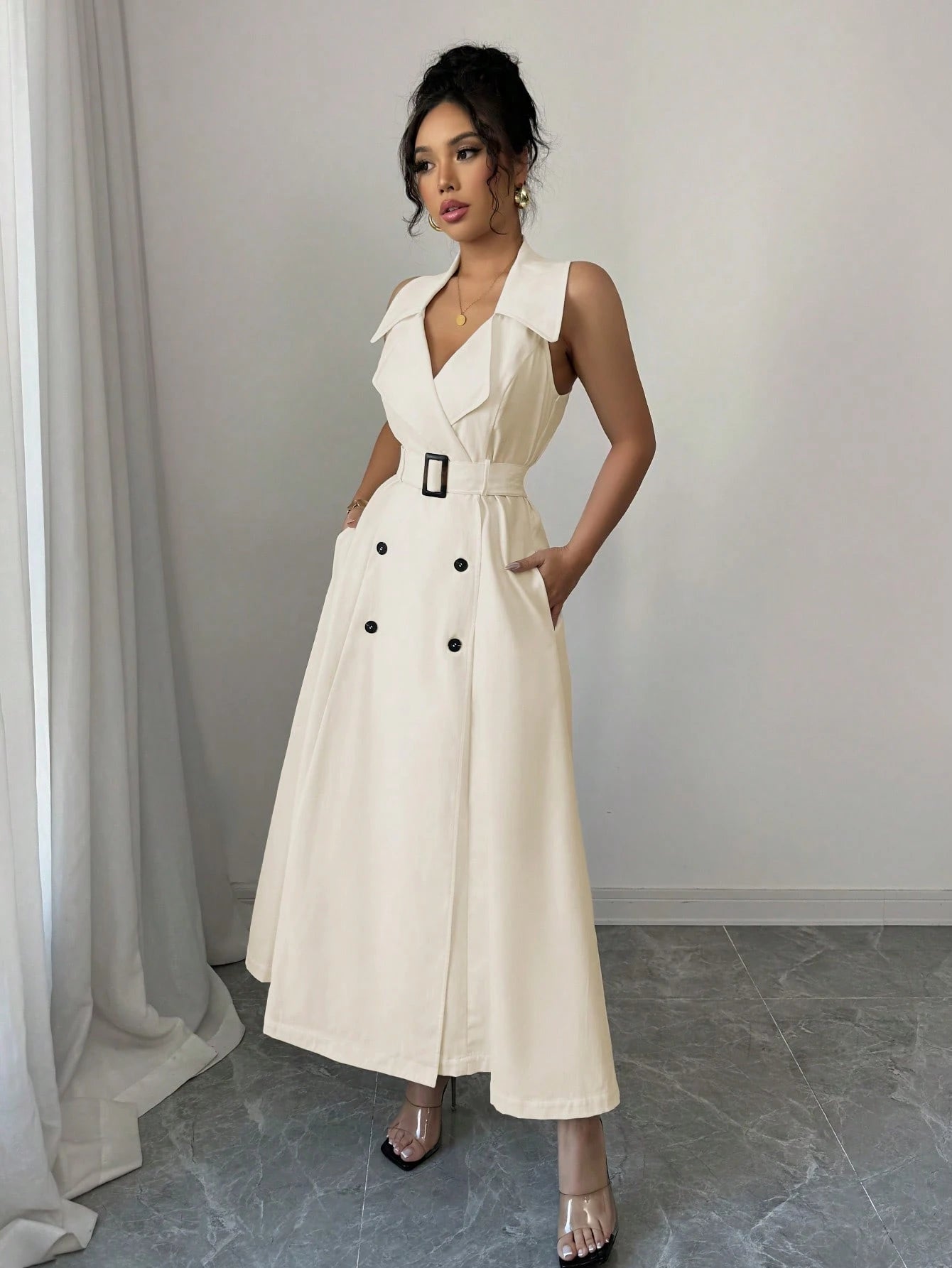 White Sleeveless Belted Midi Dress
