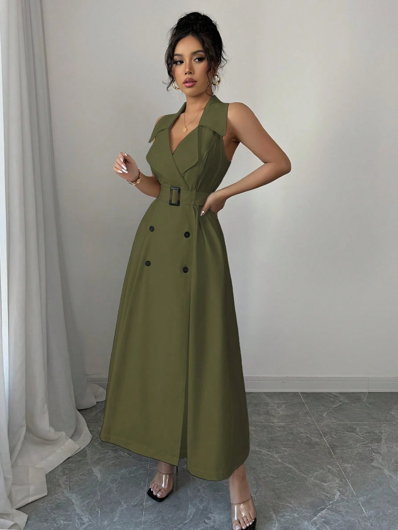 White Sleeveless Belted Midi Dress