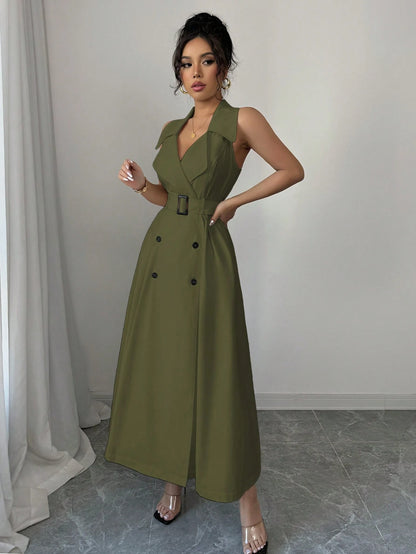 White Sleeveless Belted Midi Dress