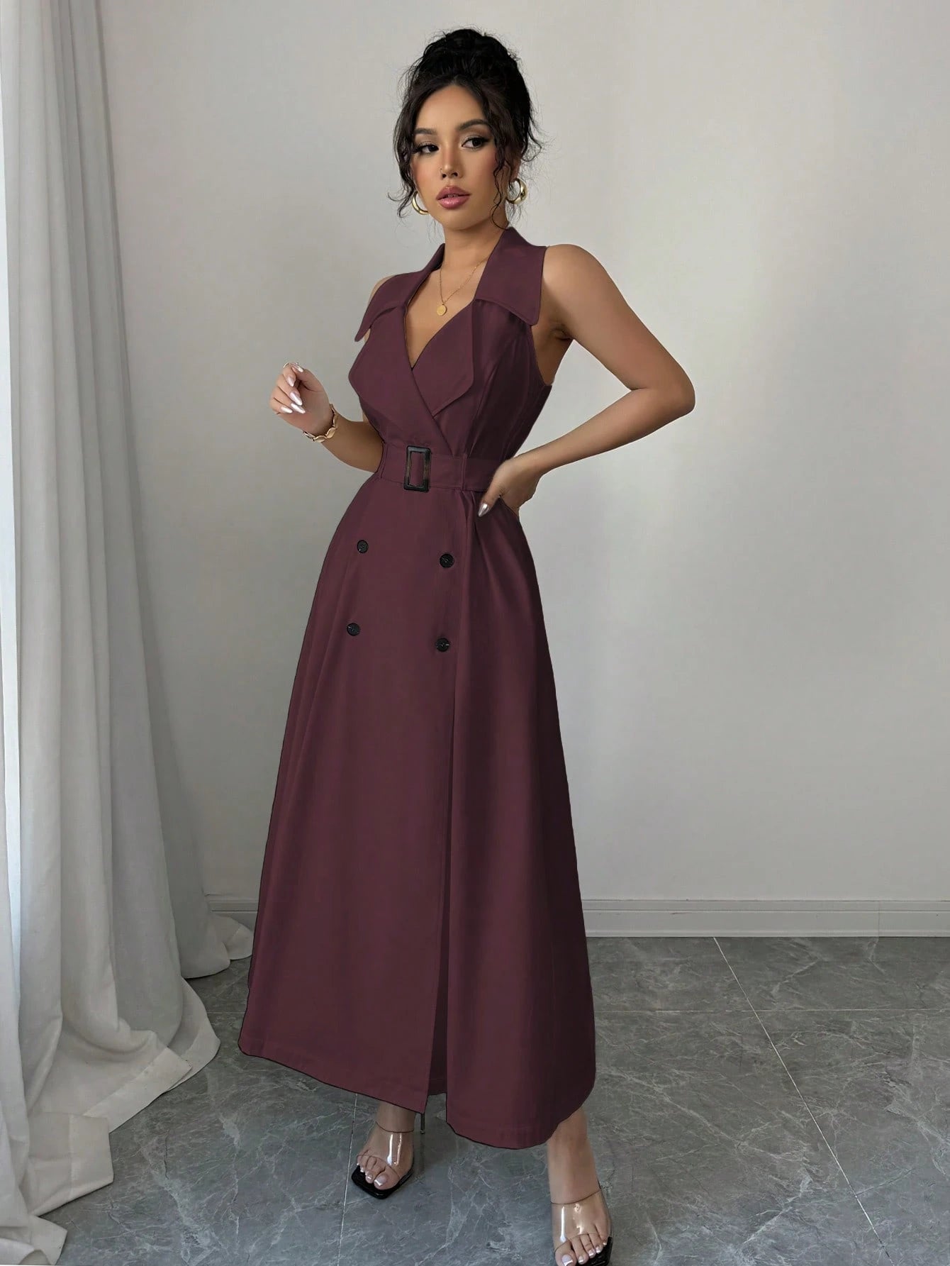 White Sleeveless Belted Midi Dress