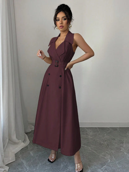 White Sleeveless Belted Midi Dress