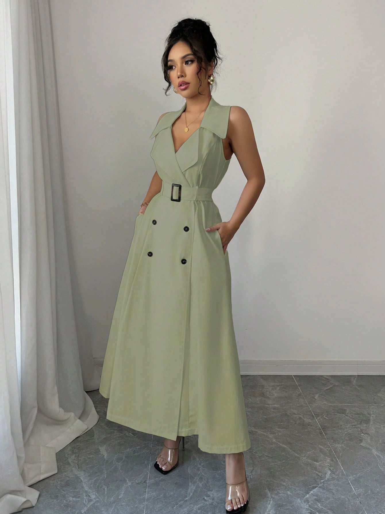 White Sleeveless Belted Midi Dress