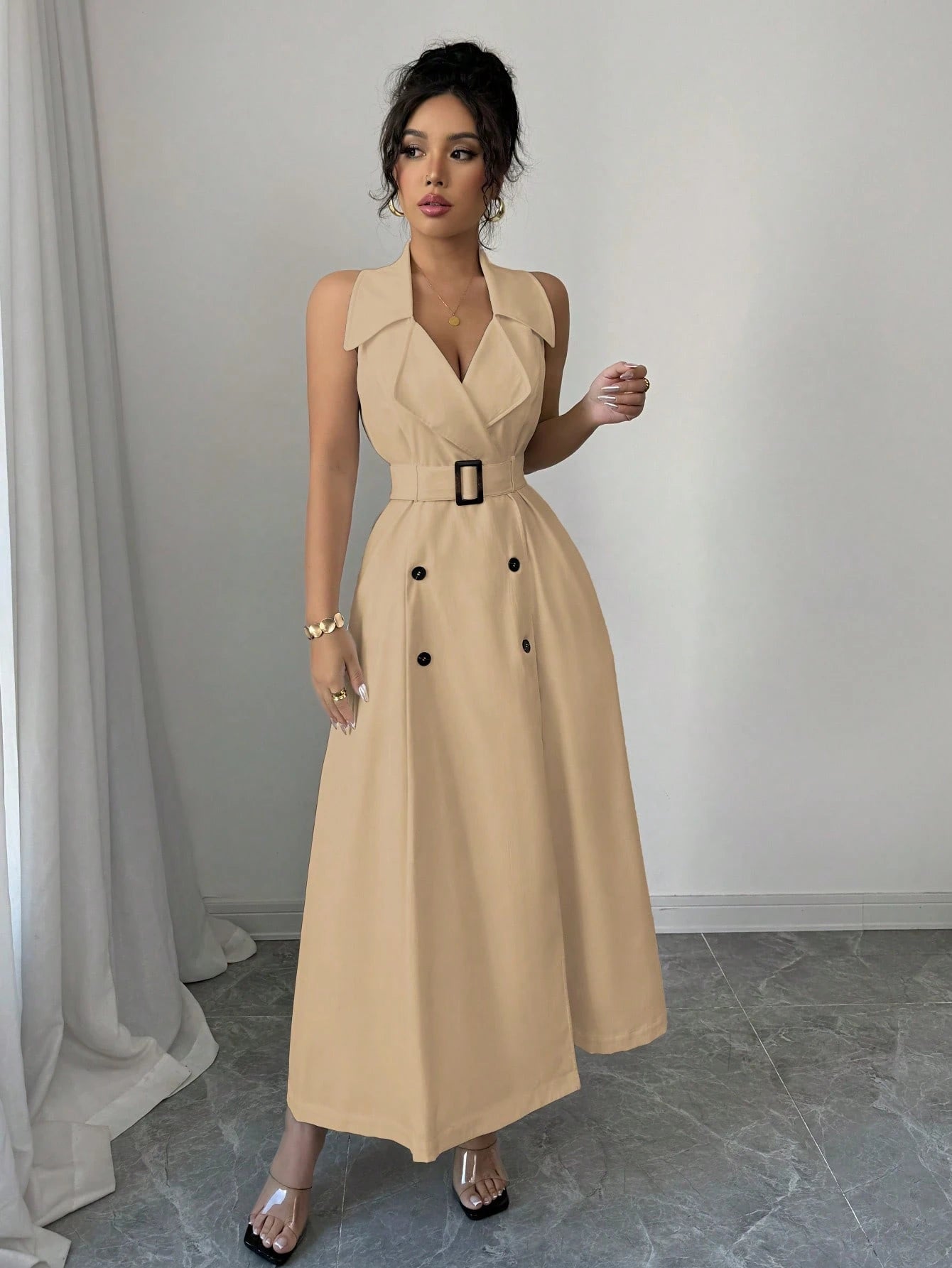 White Sleeveless Belted Midi Dress