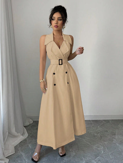 White Sleeveless Belted Midi Dress