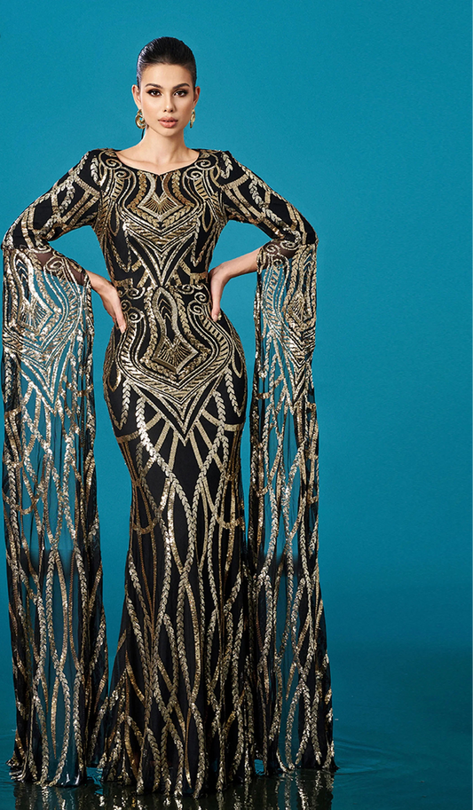 Women's Sequin Cape Sleeve Evening Gown