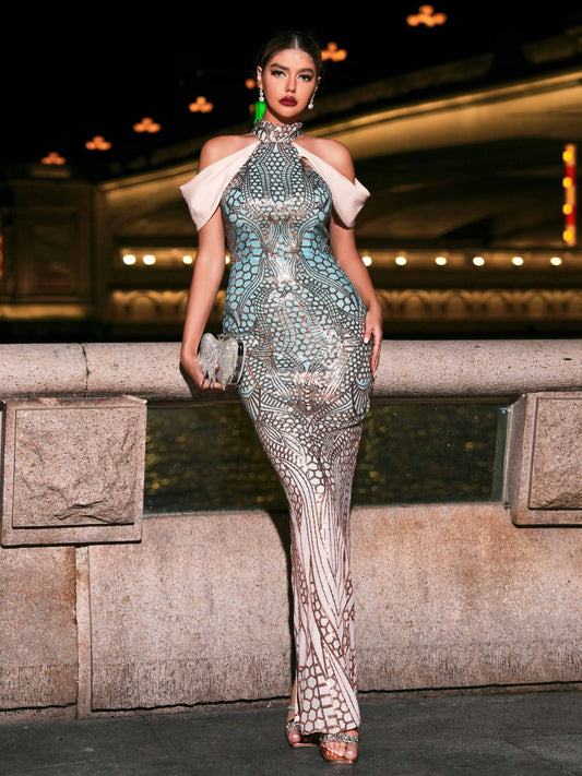 Women's Sequin Halter Maxi Gown