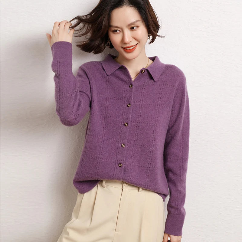 Womens 100%Cashmere POLO Collar Cardigan