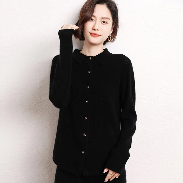 Womens 100%Cashmere POLO Collar Cardigan