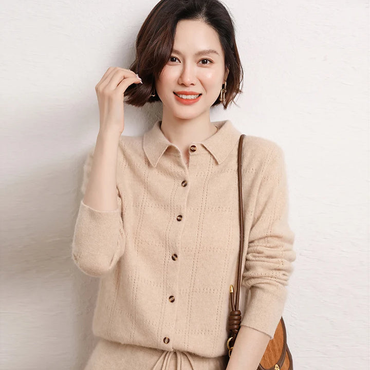 Womens 100%Cashmere POLO Collar Cardigan