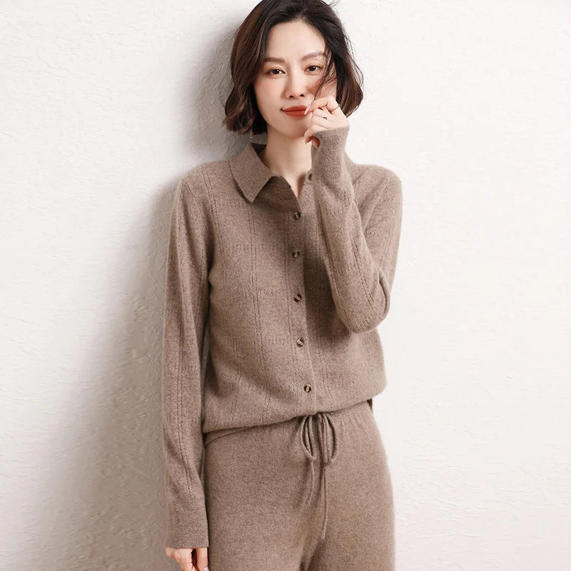 Womens 100%Cashmere POLO Collar Cardigan