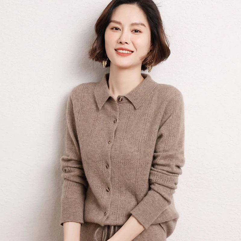 Womens 100%Cashmere POLO Collar Cardigan