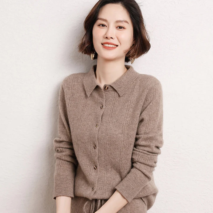 Womens 100%Cashmere POLO Collar Cardigan