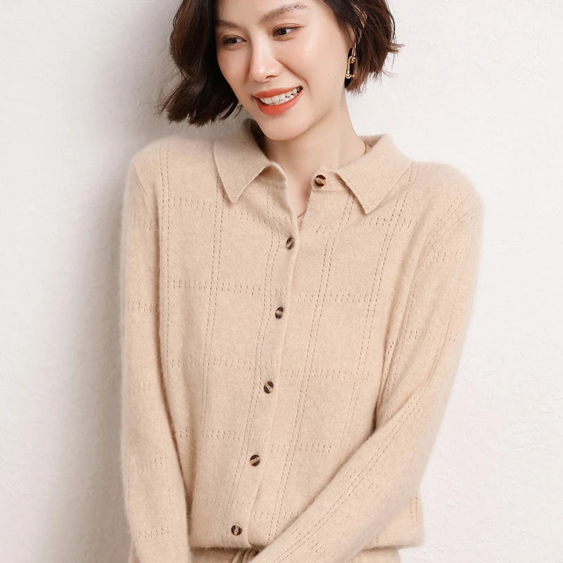 Womens 100%Cashmere POLO Collar Cardigan