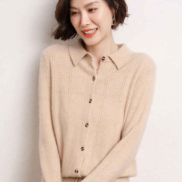 Womens 100%Cashmere POLO Collar Cardigan