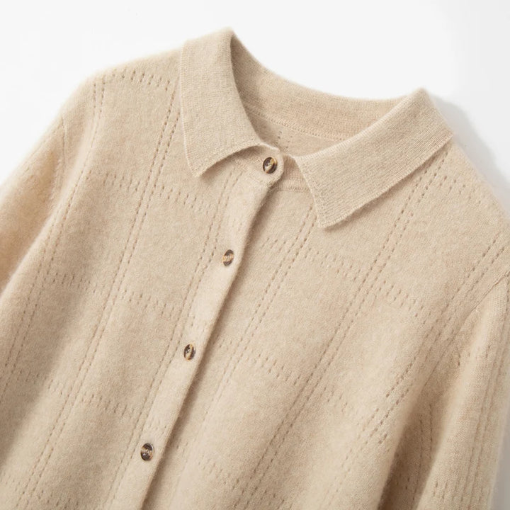 Womens 100%Cashmere POLO Collar Cardigan