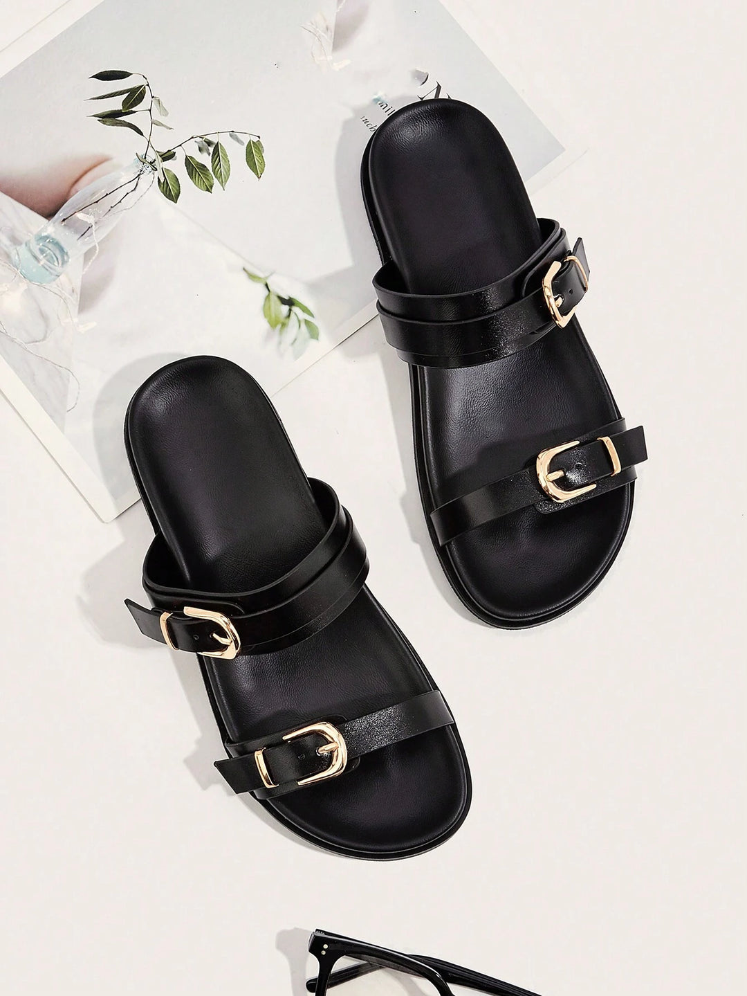 Women's Black Buckle Strap Flat Slides