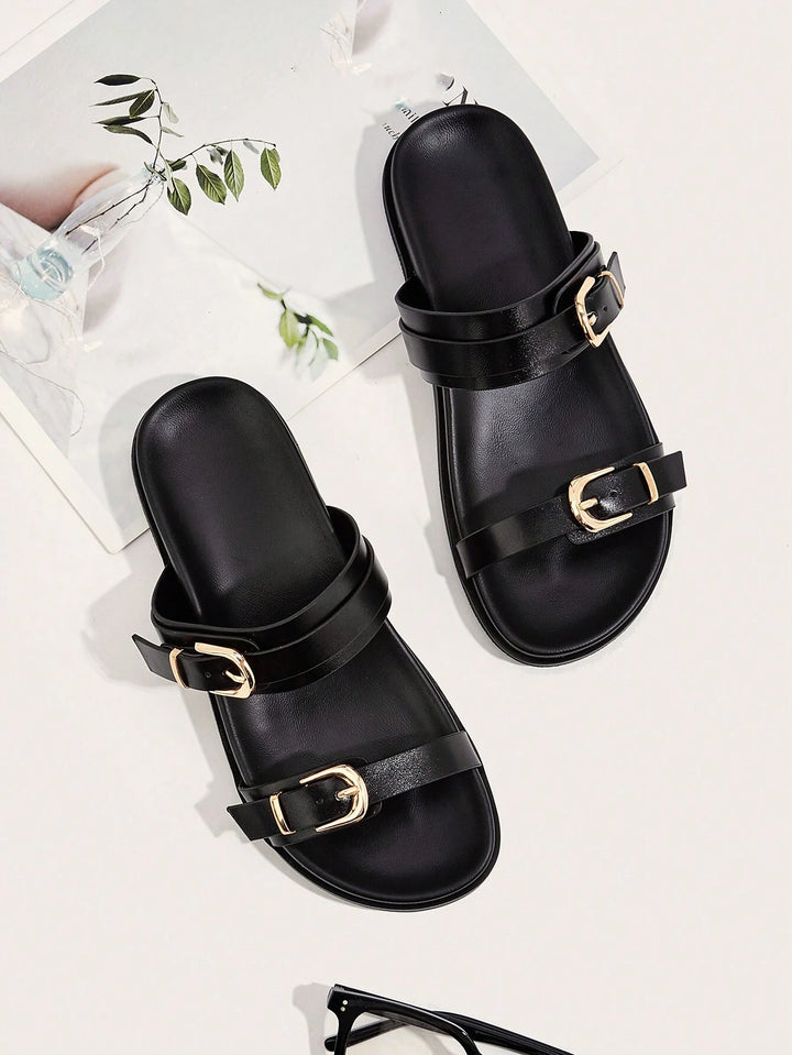Women's Black Buckle Strap Flat Slides