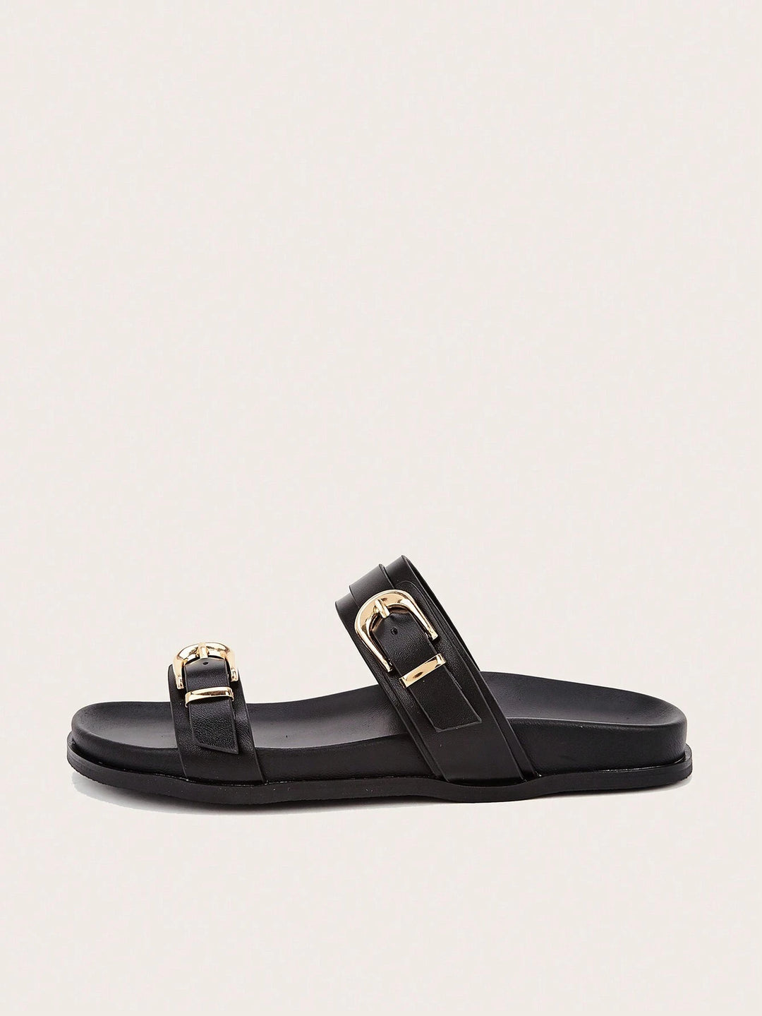 Women's Black Buckle Strap Flat Slides