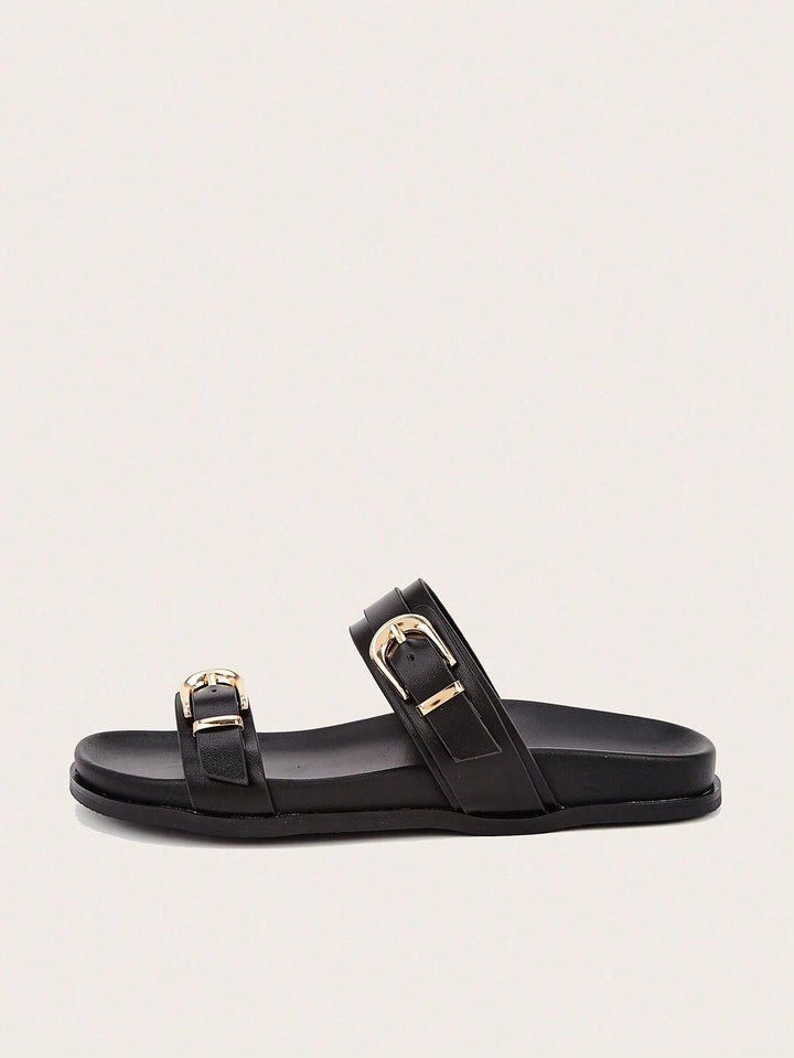 Women's Black Buckle Strap Flat Slides