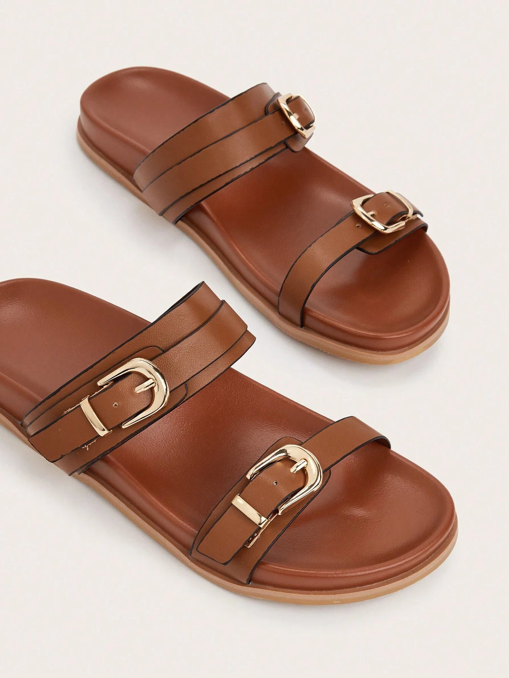 Women's Black Buckle Strap Flat Slides