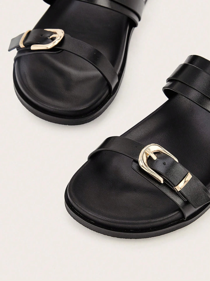 Women's Black Buckle Strap Flat Slides