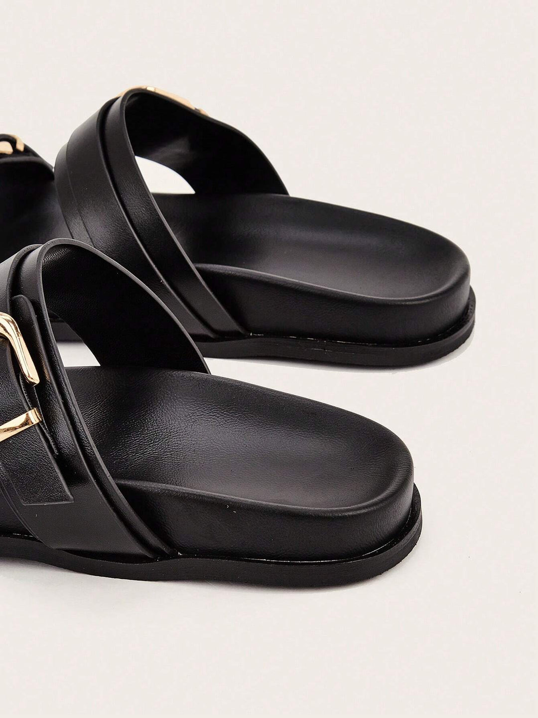 Women's Black Buckle Strap Flat Slides