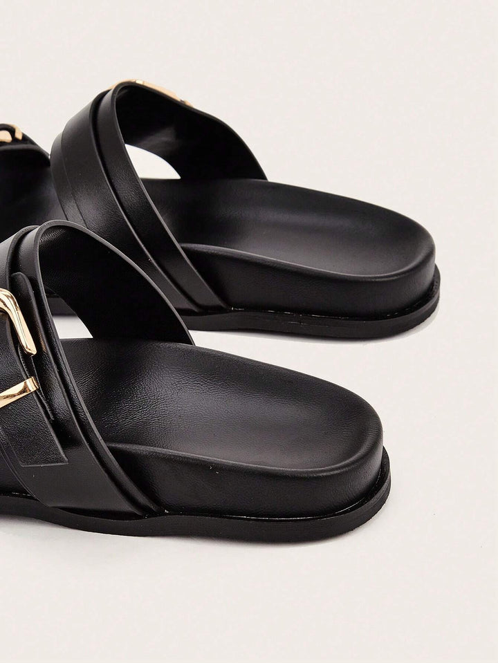 Women's Black Buckle Strap Flat Slides