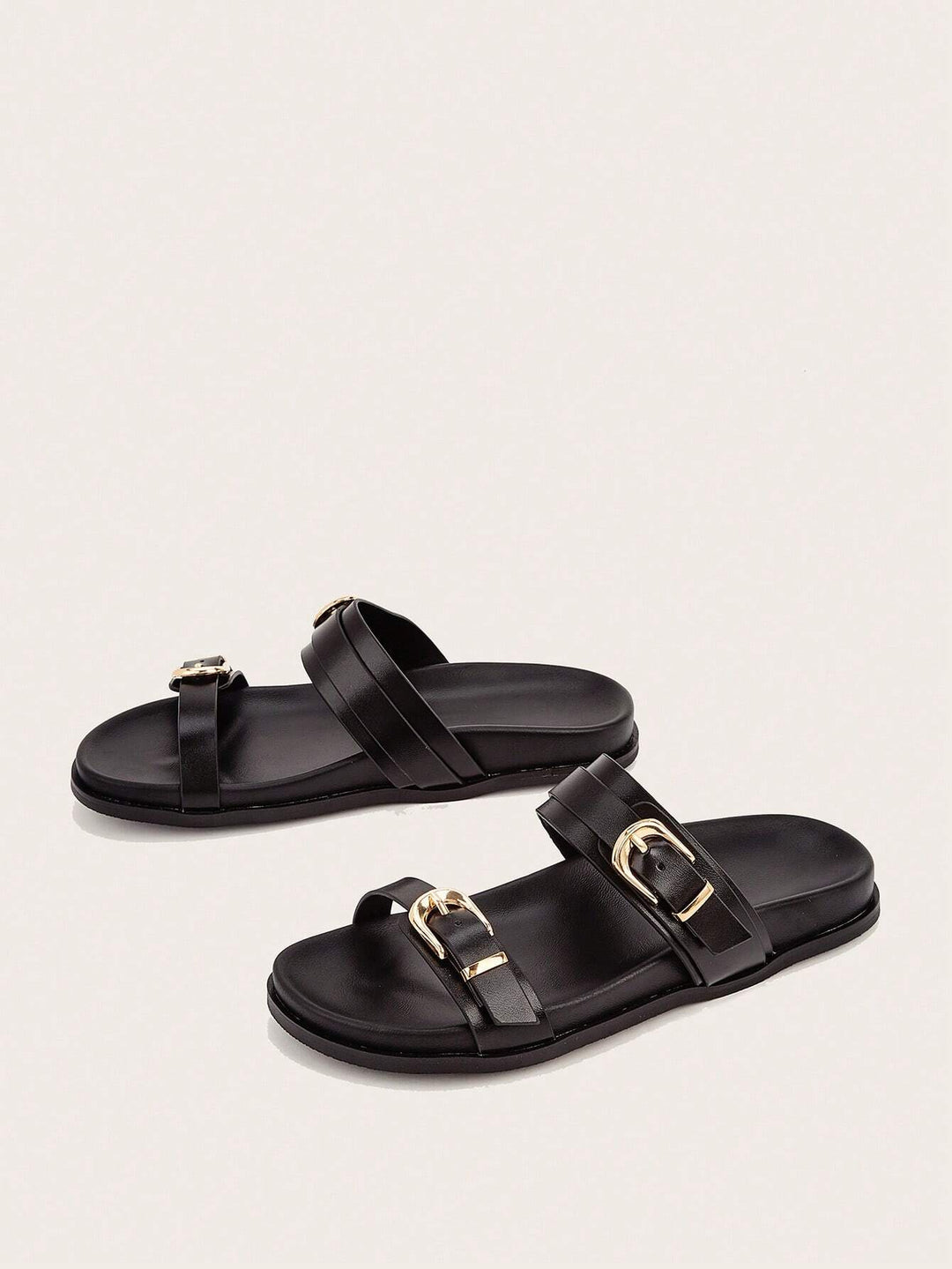 Women's Black Buckle Strap Flat Slides