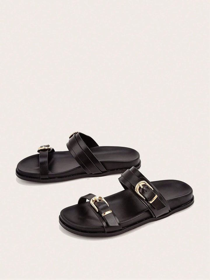 Women's Black Buckle Strap Flat Slides