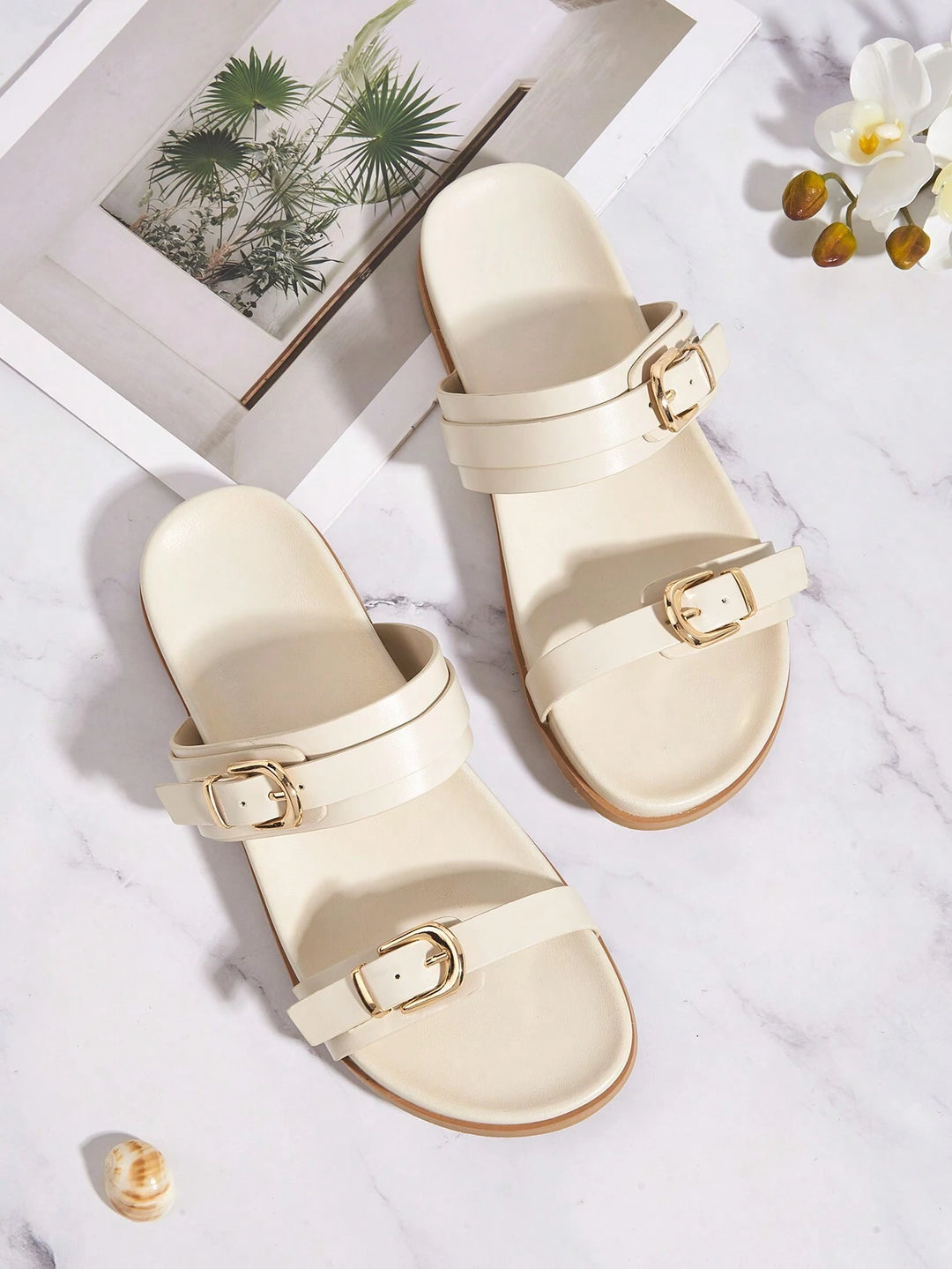 Women's Black Buckle Strap Flat Slides