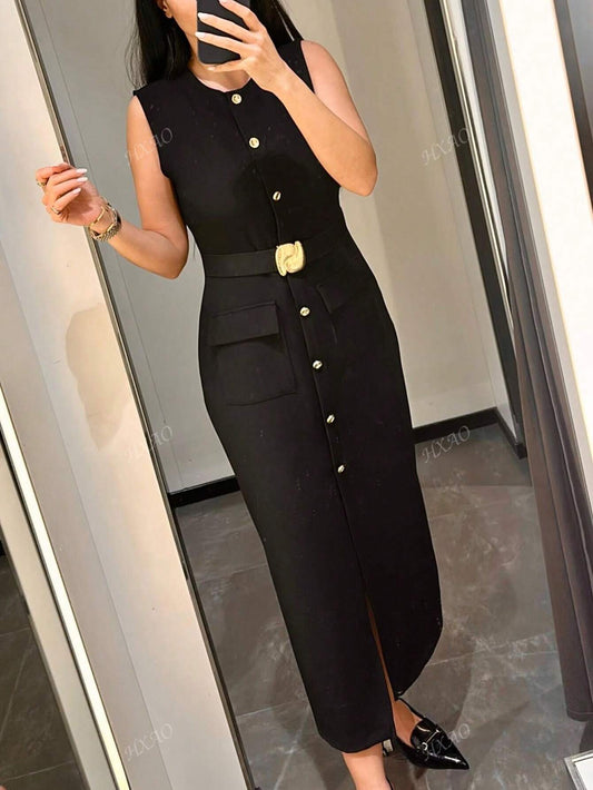 Women's Black Buttoned Midi Dress