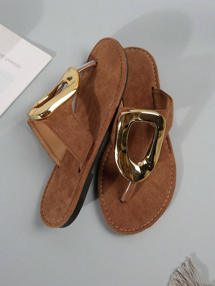  Women's Brown Sculptural Buckle Flip Flops