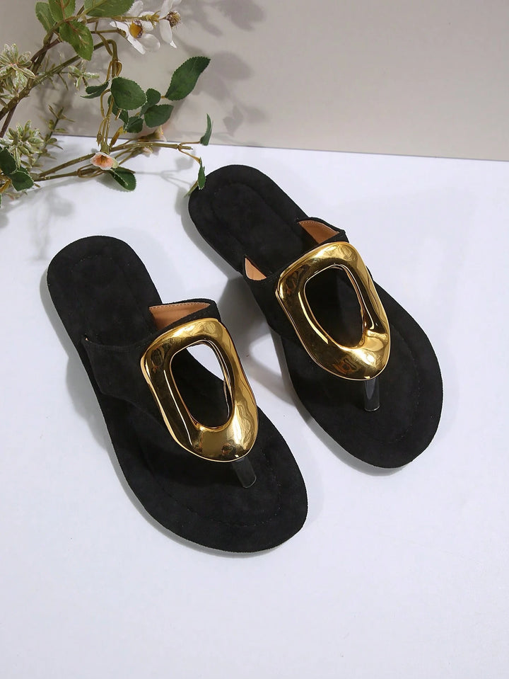 Women's Brown Sculptural Buckle Flip Flops