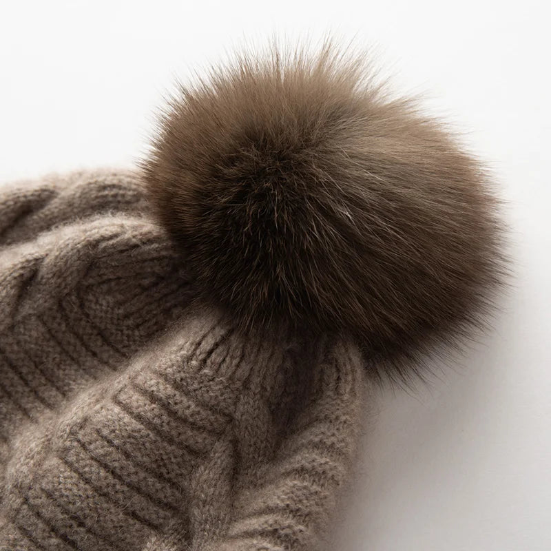 Womens Cashmere Pompom Beanie Hat