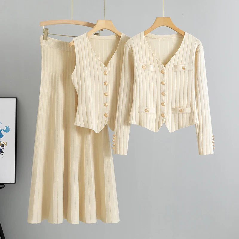 Women's Knit Vest, Cardigan & Skirt Set