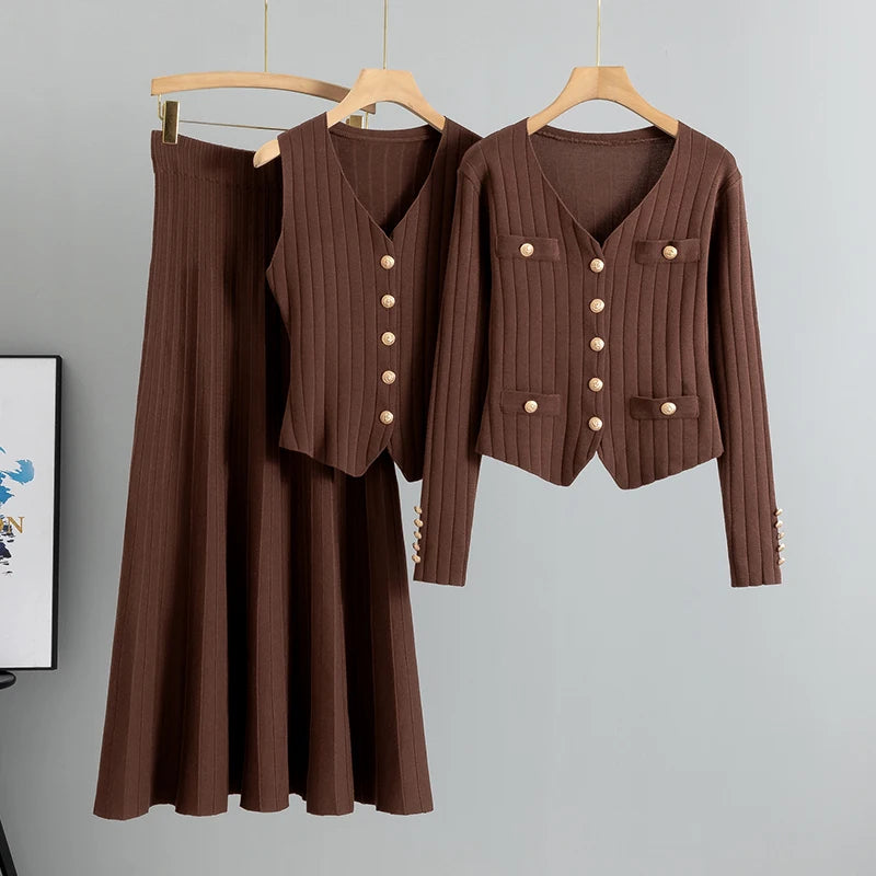 Women's Knit Vest, Cardigan & Skirt Set
