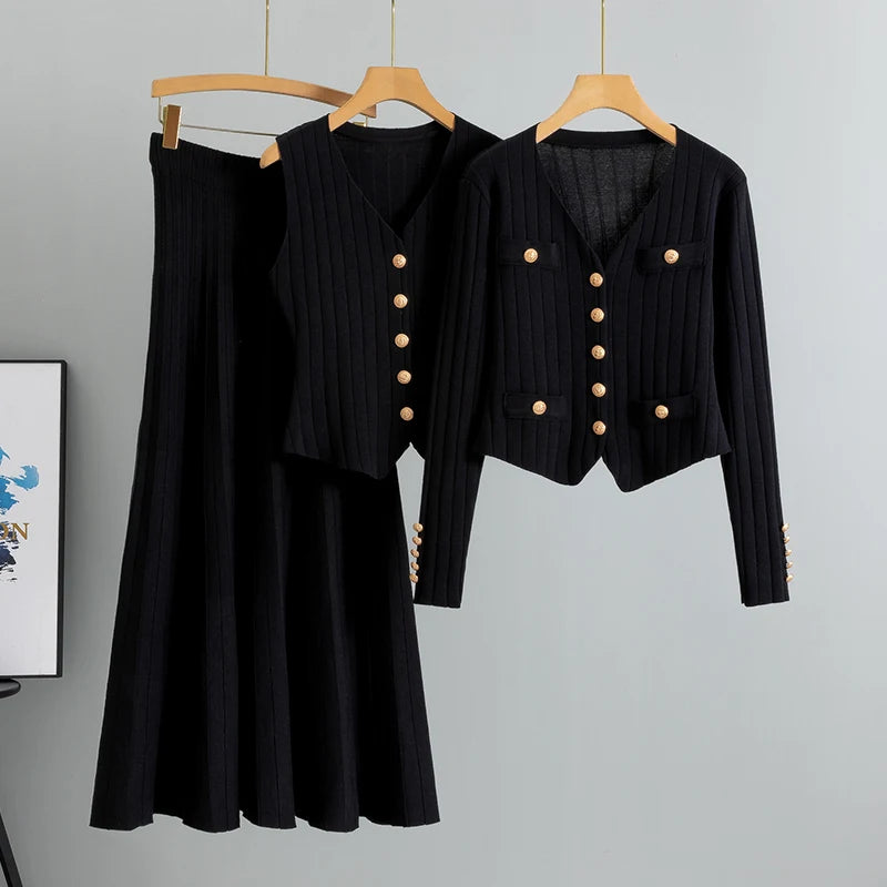 Women's Knit Vest, Cardigan & Skirt Set