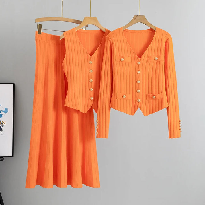Women's Knit Vest, Cardigan & Skirt Set