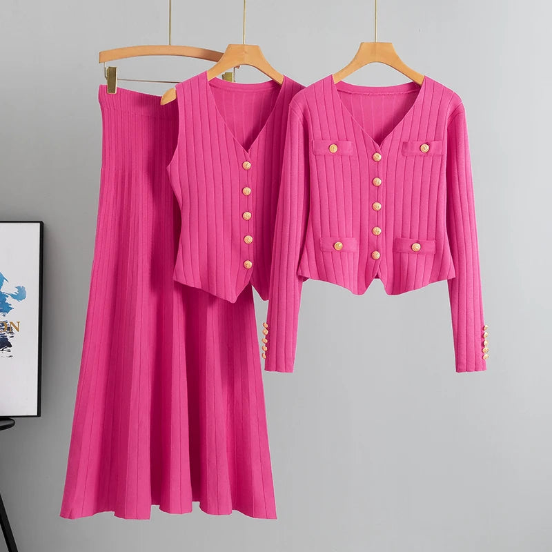 Women's Knit Vest, Cardigan & Skirt Set