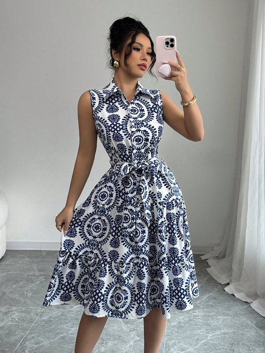 Women's Printed Sleeveless Shirt Dress
